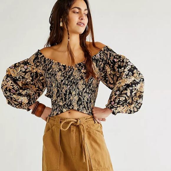 Free People Tops - Free People East To West Smocked Off Shoulder Top Black Gold Floral Blouse M FP